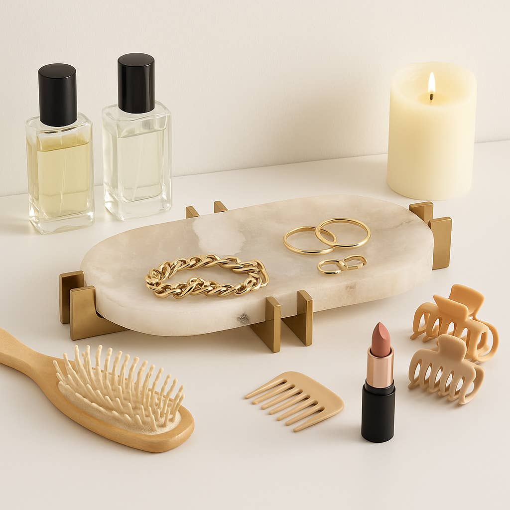 Decorative Tray - White Quartz with Gold Details, 14 in.