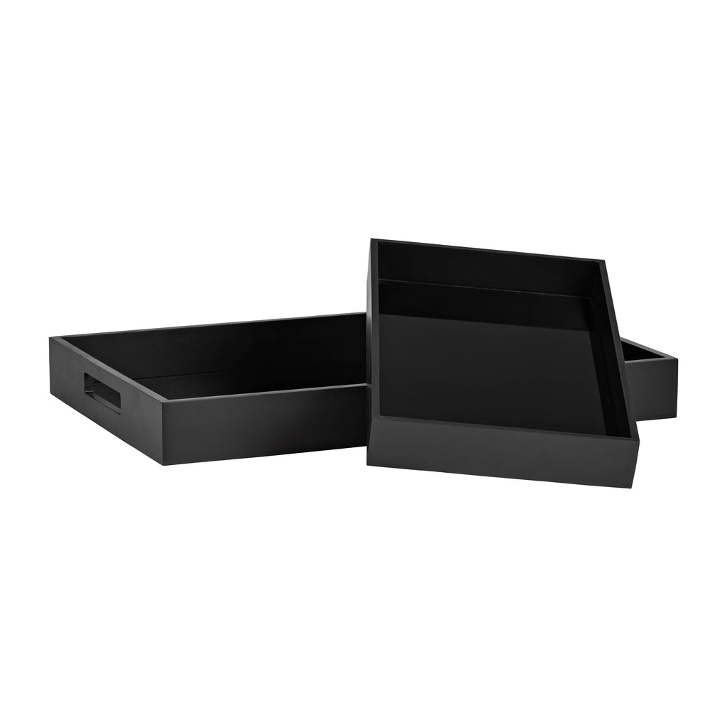 Trays Set of 2 - Black Wood Elegant Side Handles, 14/18 in.