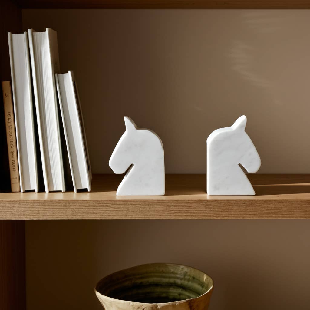 Bookends Set of 2 - White Marble Majestic Horse Head, 6 in.