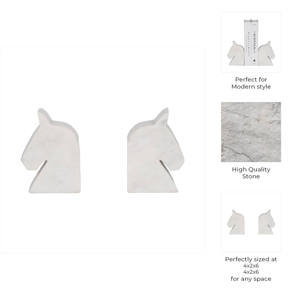Bookends Set of 2 - White Marble Majestic Horse Head, 6 in.