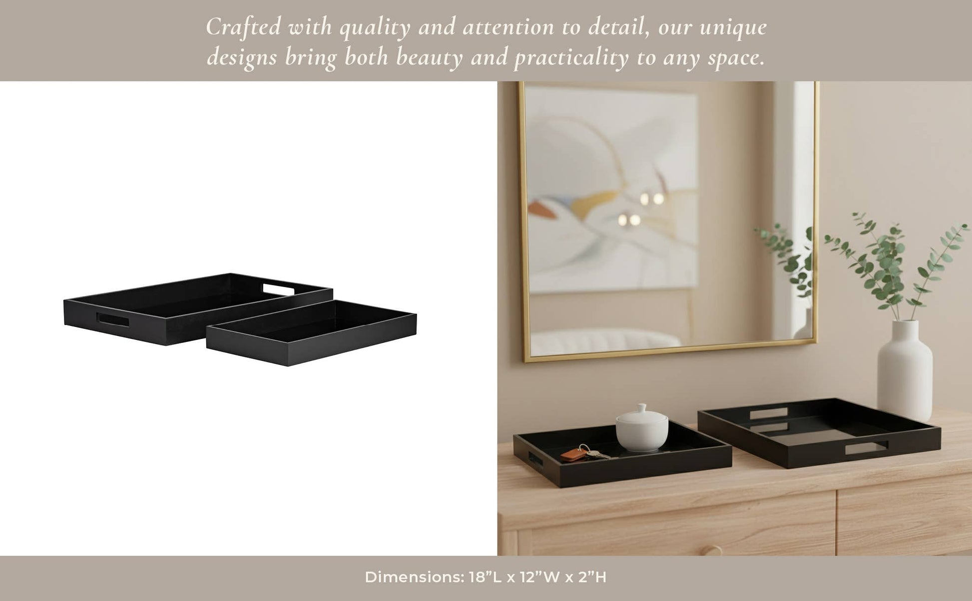 Trays Set of 2 - Black Wood Elegant Side Handles, 14/18 in.