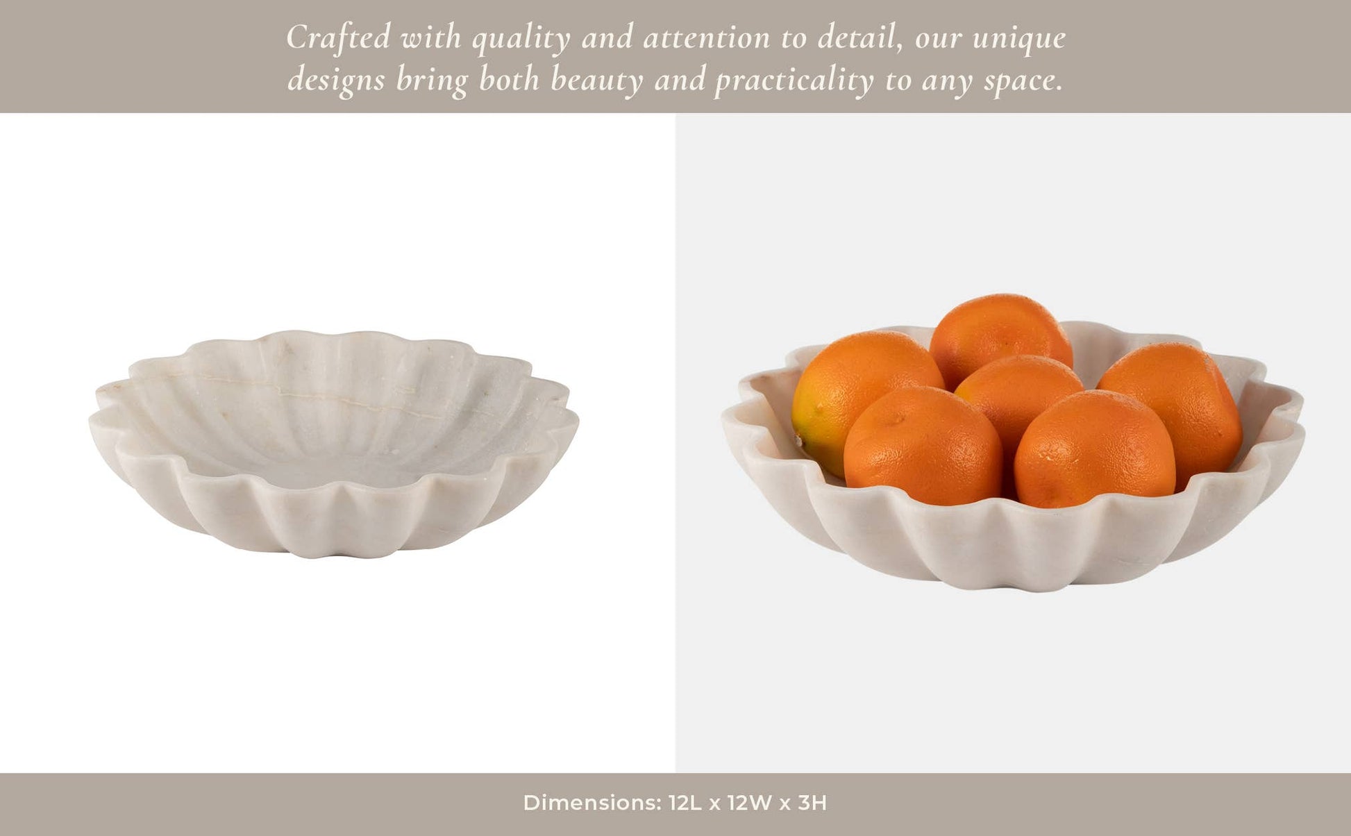 Decorative Bowl - White Marble Veined Shell Shaped, 12 in.