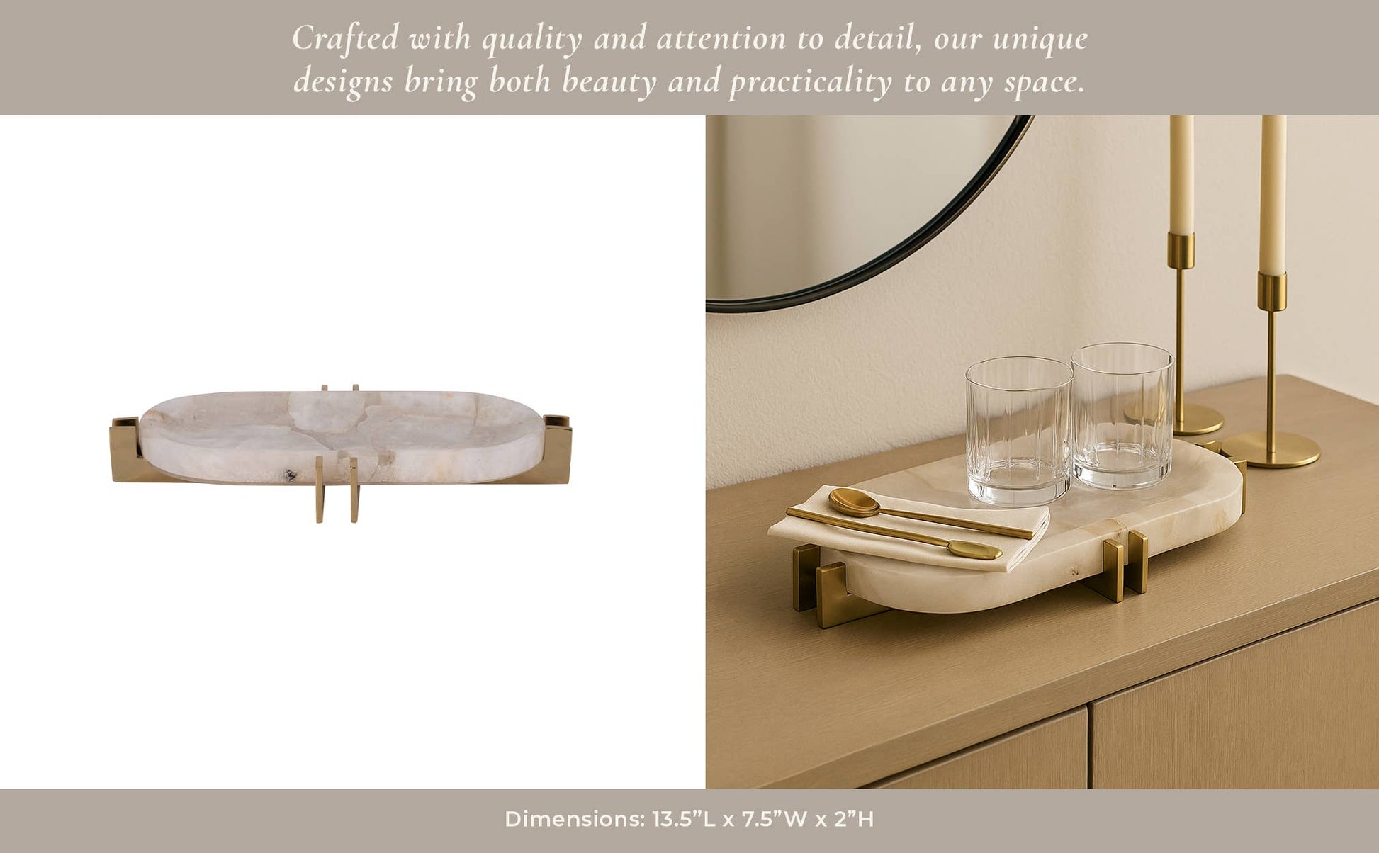 Decorative Tray - White Quartz with Gold Details, 14 in.