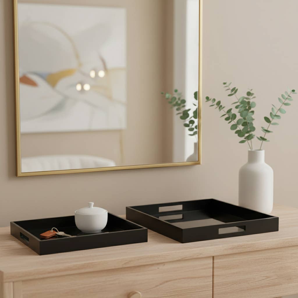 Trays Set of 2 - Black Wood Elegant Side Handles, 14/18 in.