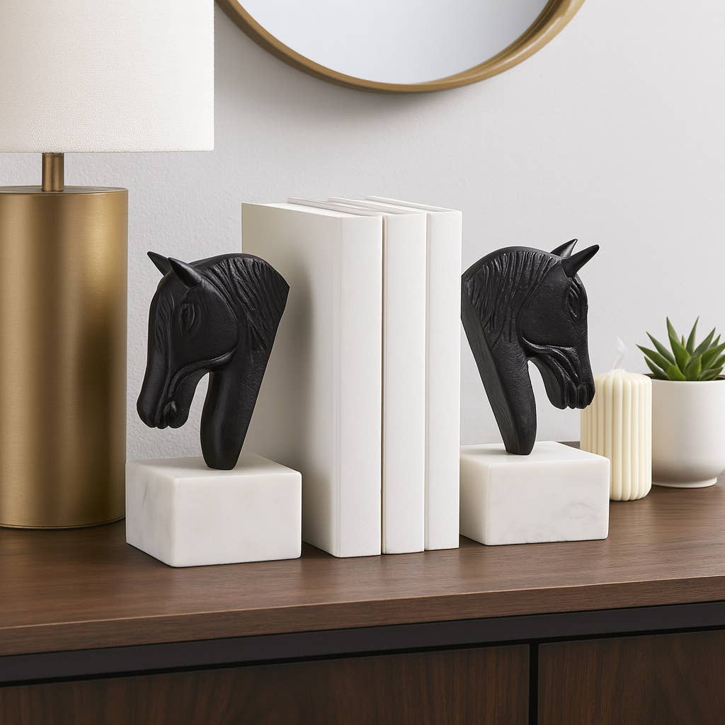 Bookends Set of 2 - White/Black Metal Horse Head, 7 in.