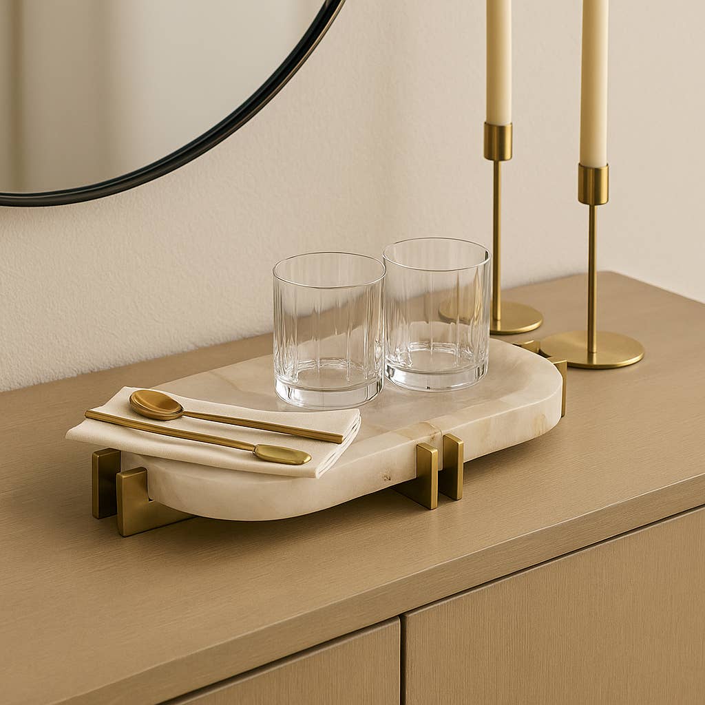 Decorative Tray - White Quartz with Gold Details, 14 in.