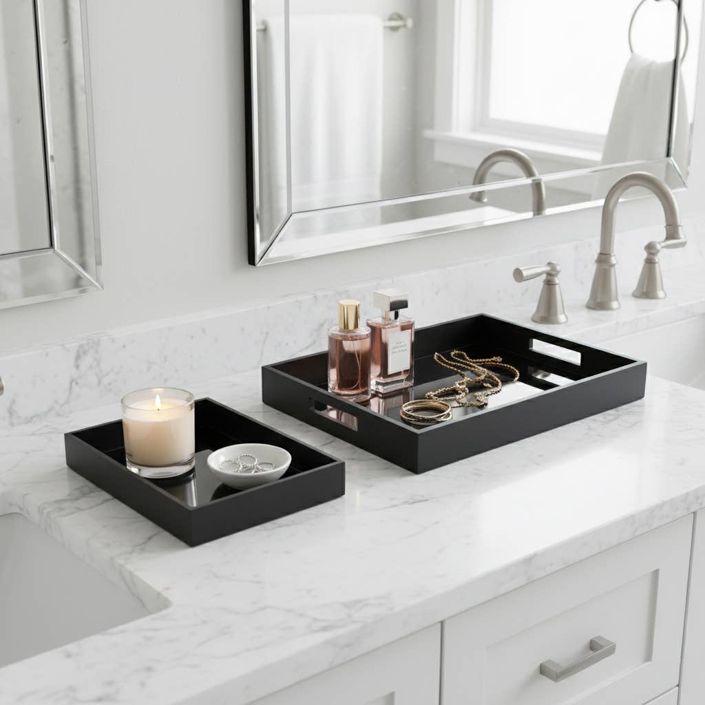 Trays Set of 2 - Black Wood Elegant Side Handles, 14/18 in.