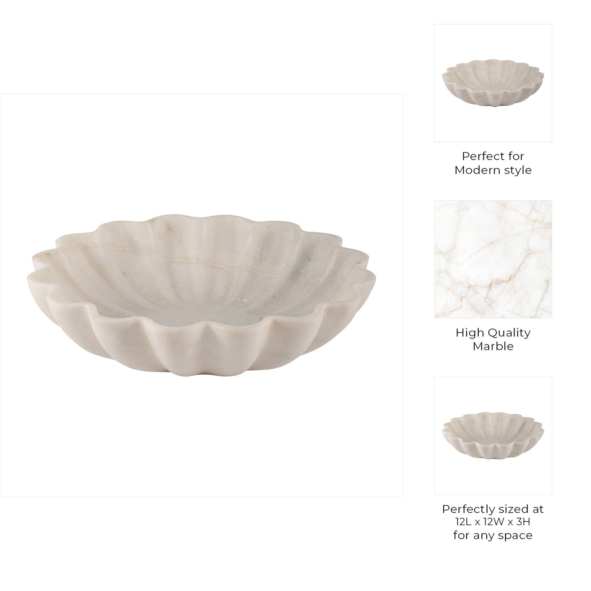 Decorative Bowl - White Marble Veined Shell Shaped, 12 in.