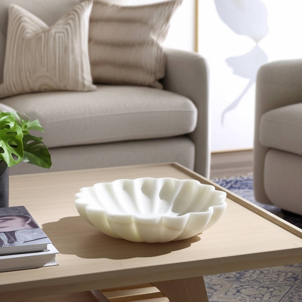 Decorative Bowl - White Marble Veined Shell Shaped, 12 in.