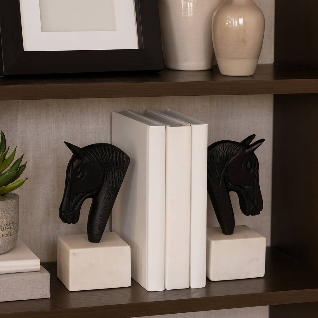 Bookends Set of 2 - White/Black Metal Horse Head, 7 in.