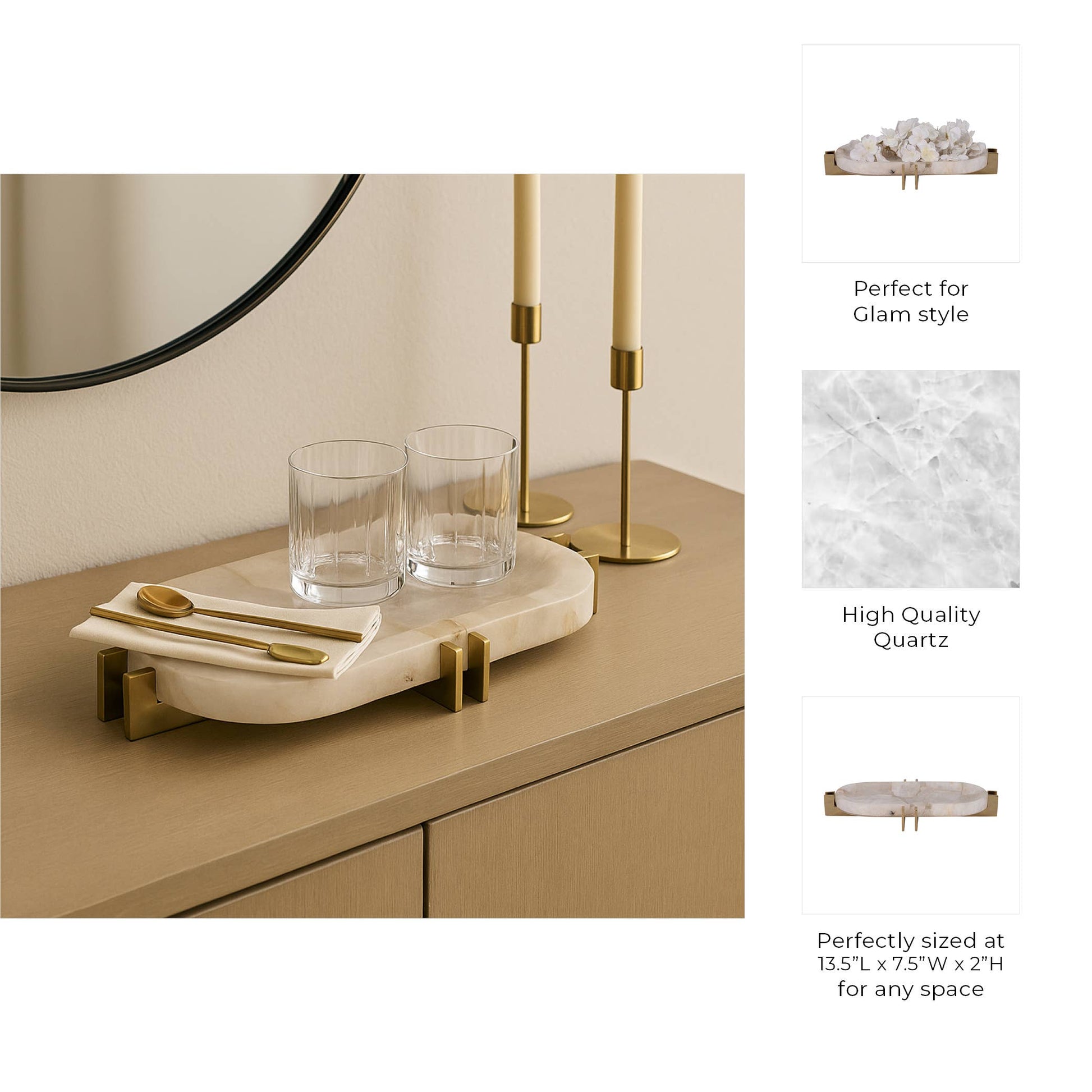 Decorative Tray - White Quartz with Gold Details, 14 in.