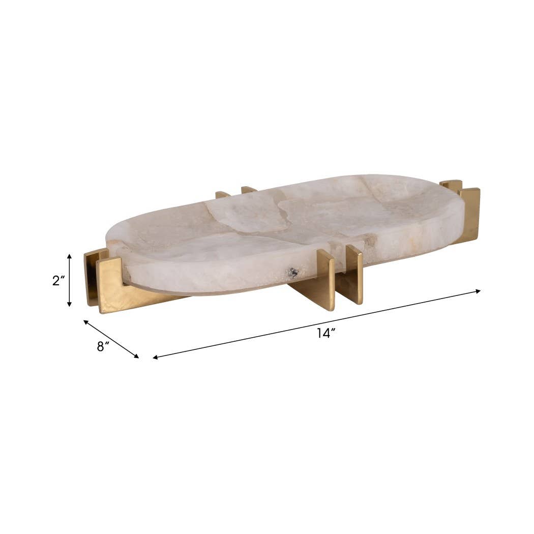 Decorative Tray - White Quartz with Gold Details, 14 in.