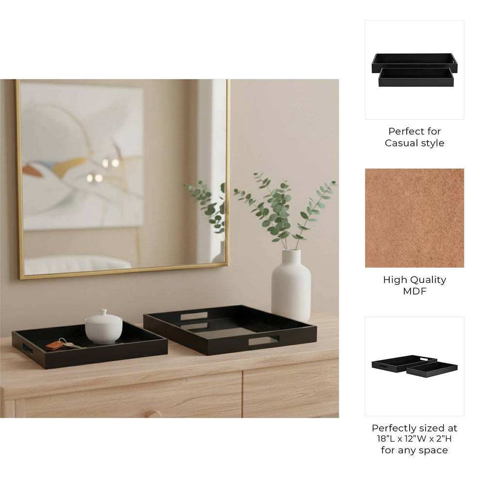Trays Set of 2 - Black Wood Elegant Side Handles, 14/18 in.