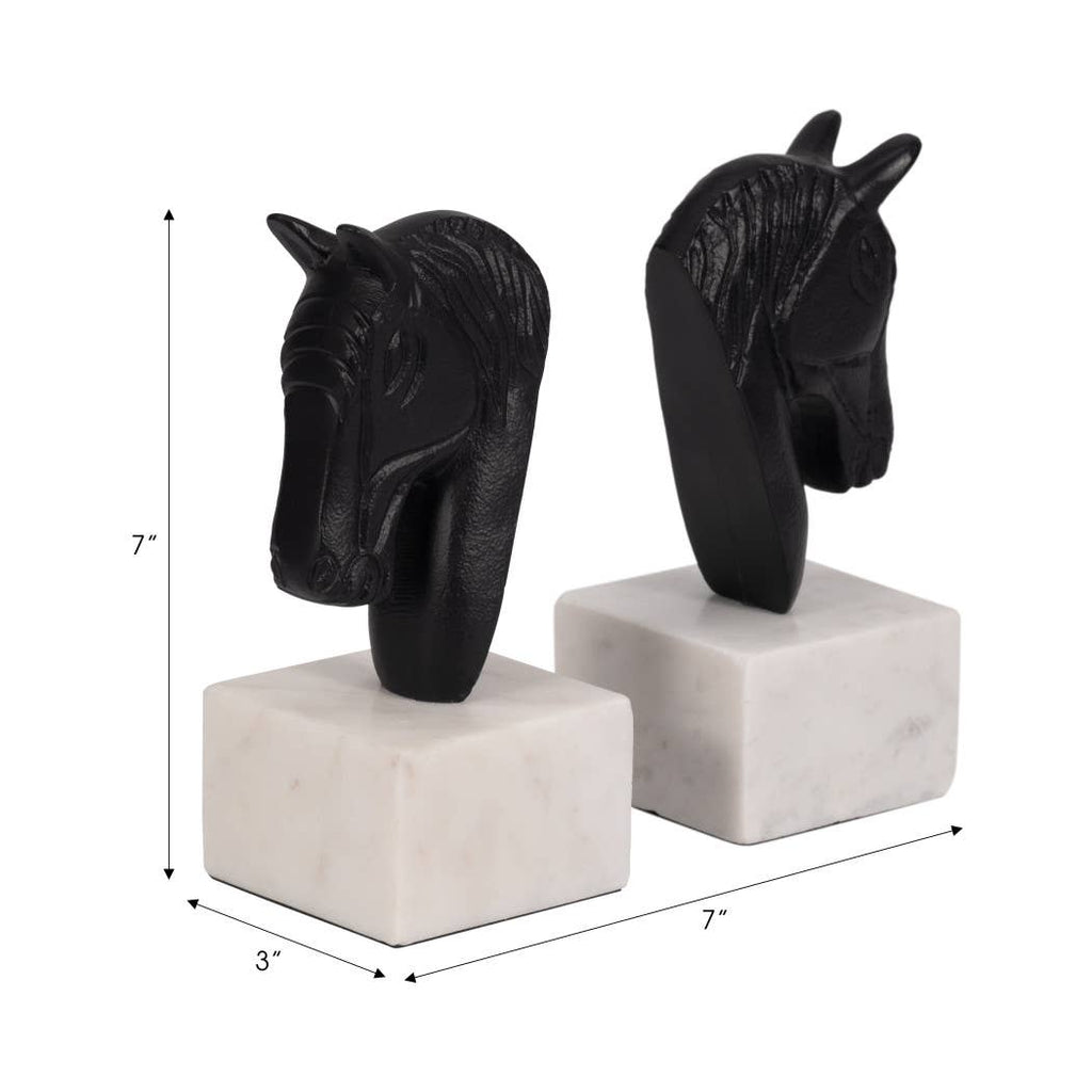 Bookends Set of 2 - White/Black Metal Horse Head, 7 in.