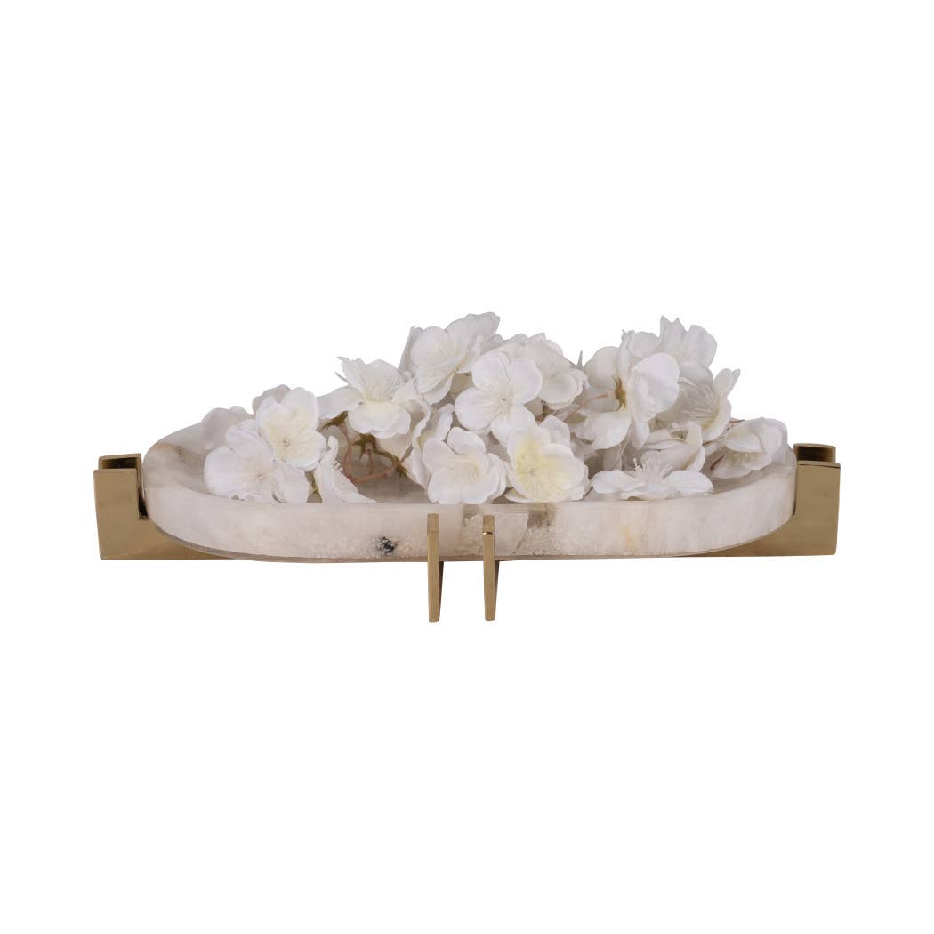 Decorative Tray - White Quartz with Gold Details, 14 in.