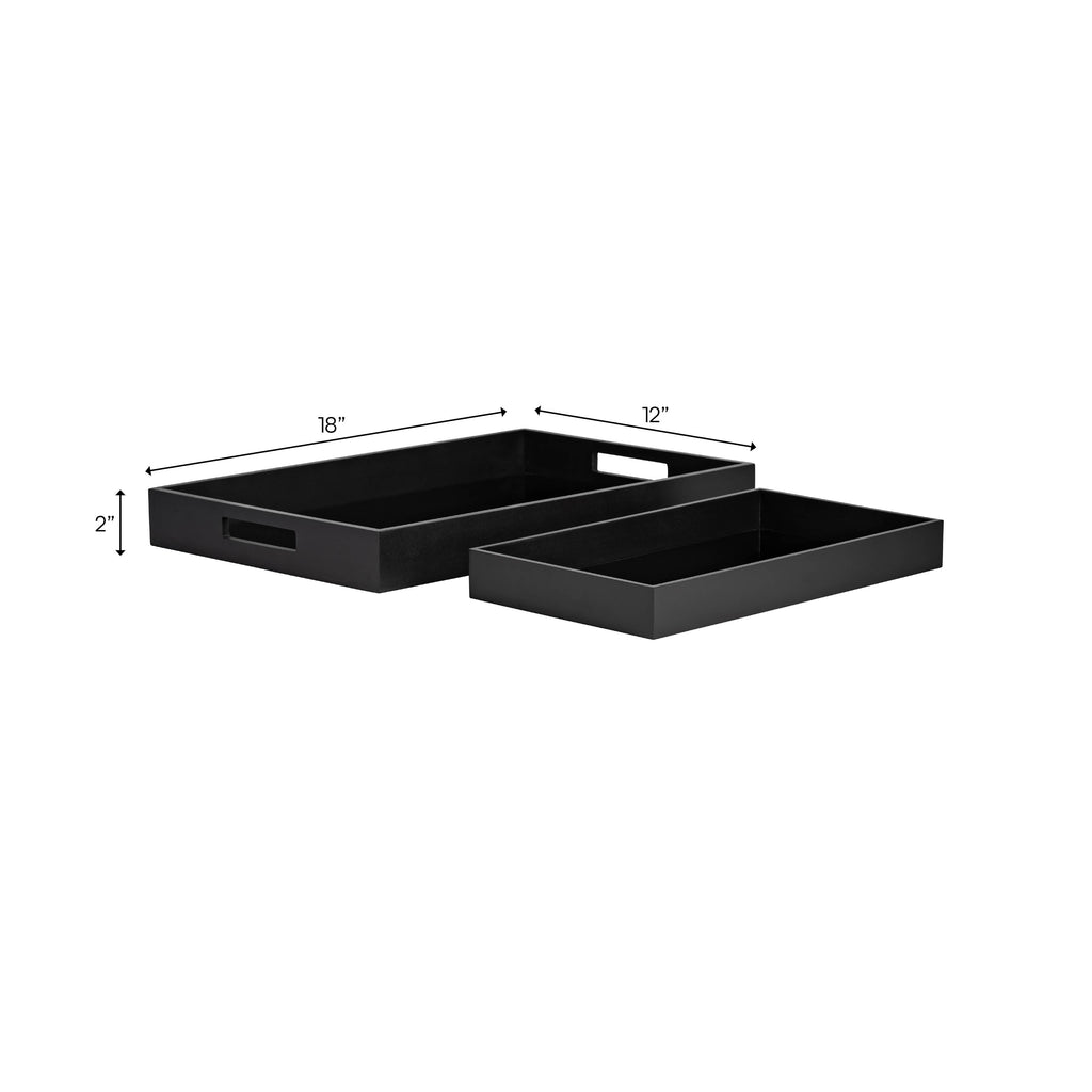 Trays Set of 2 - Black Wood Elegant Side Handles, 14/18 in.