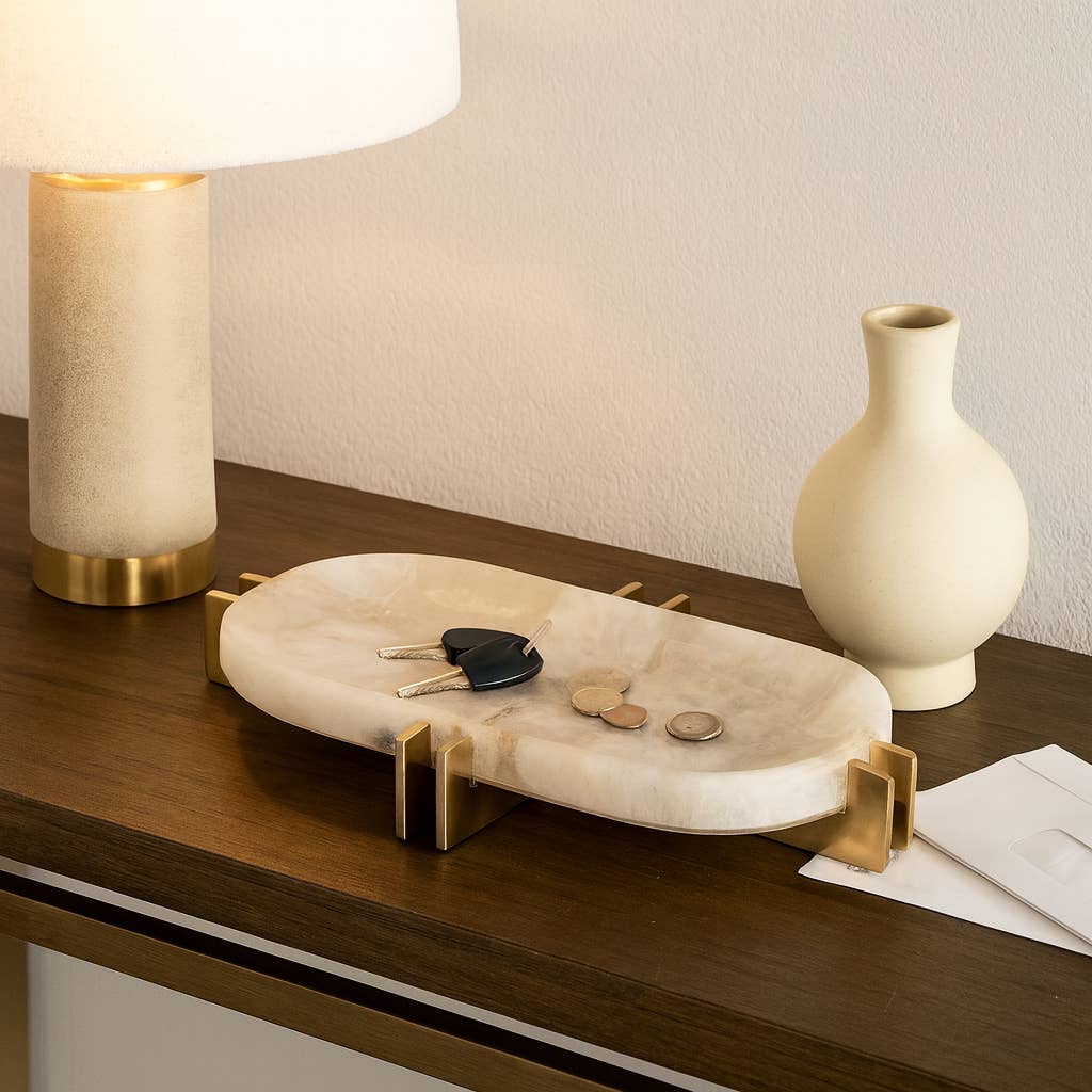 Decorative Tray - White Quartz with Gold Details, 14 in.