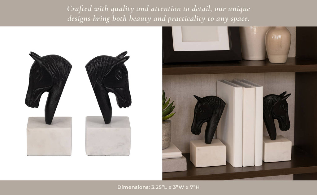 Bookends Set of 2 - White/Black Metal Horse Head, 7 in.
