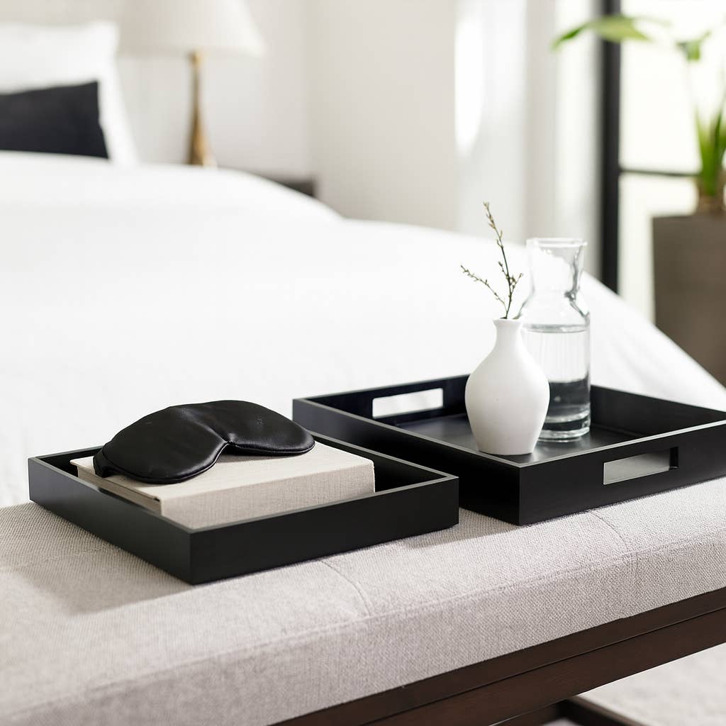 Trays Set of 2 - Black Wood Elegant Side Handles, 14/18 in.