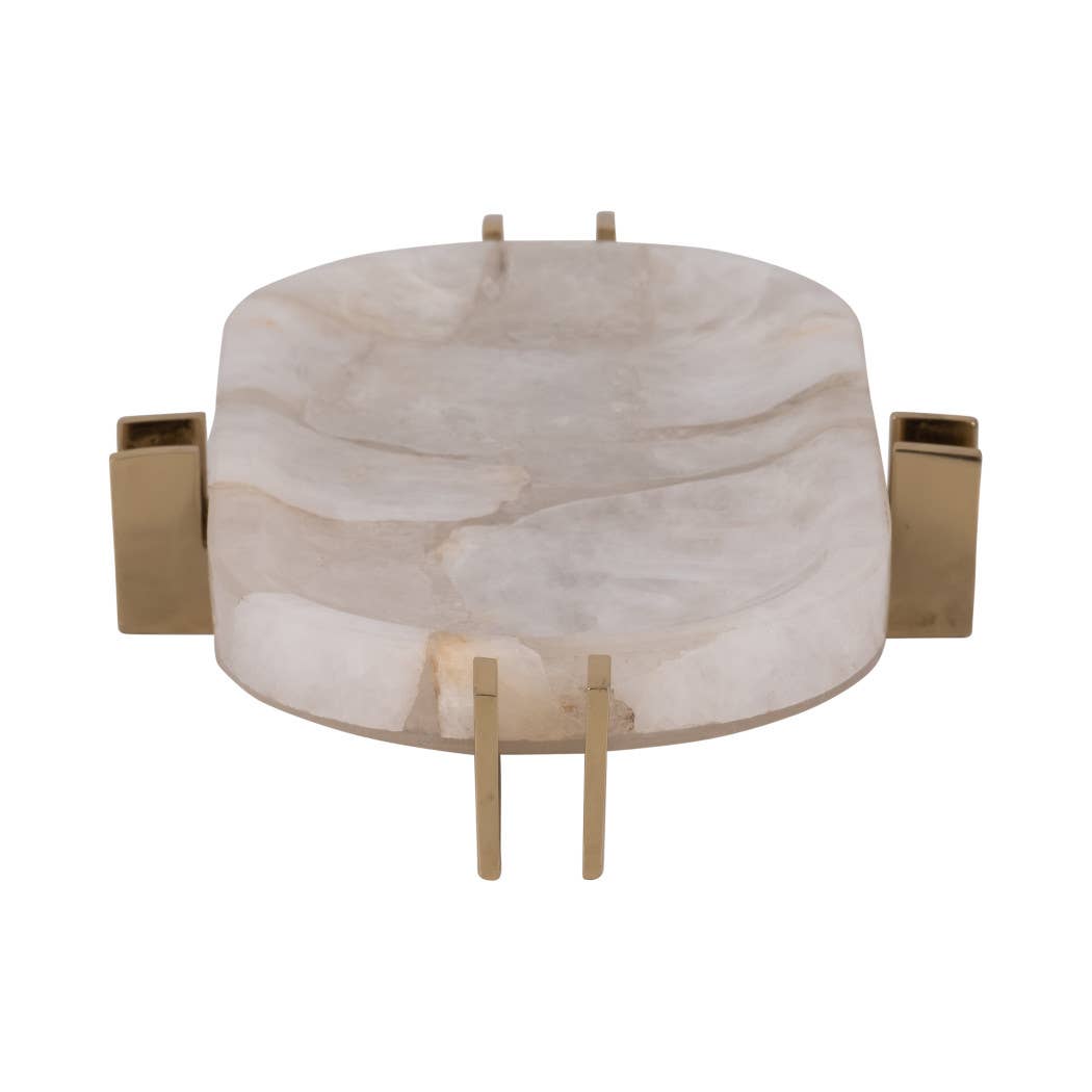 Decorative Tray - White Quartz with Gold Details, 14 in.
