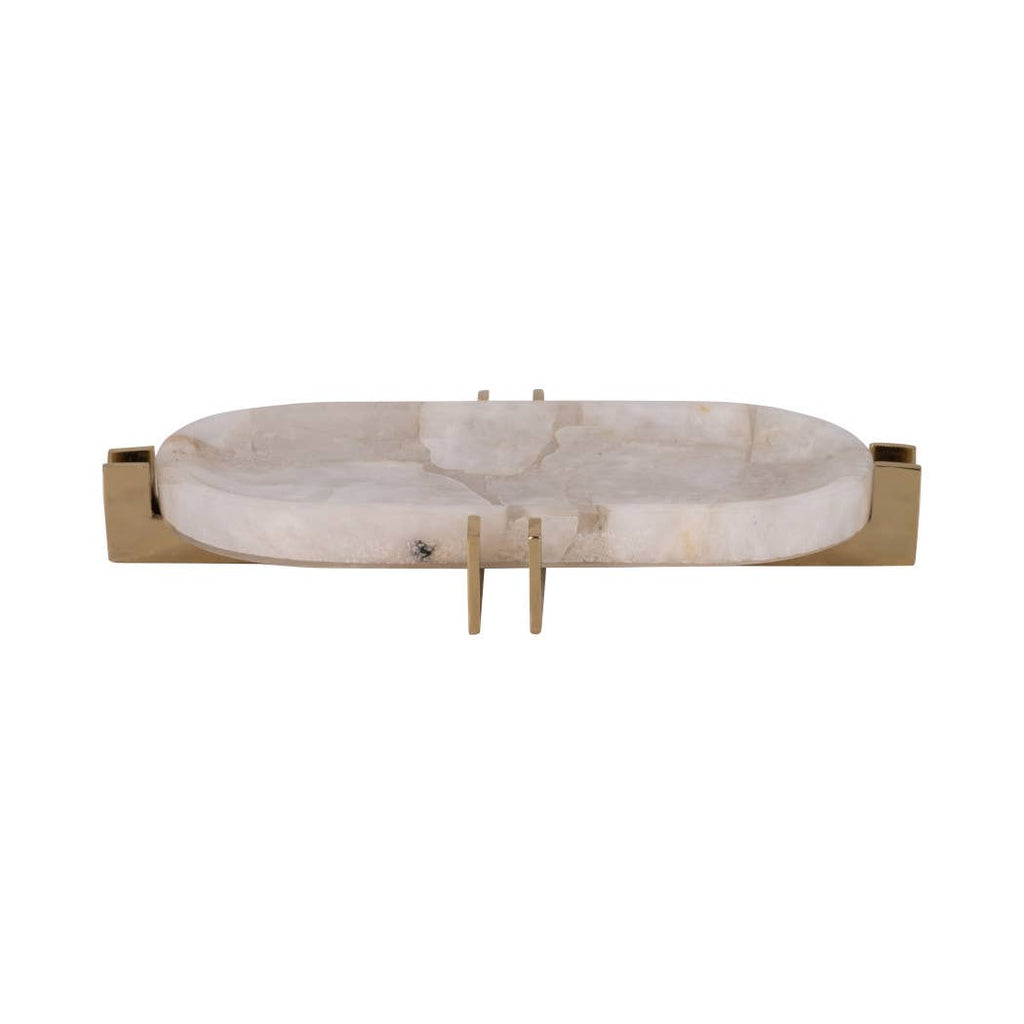 Decorative Tray - White Quartz with Gold Details, 14 in.