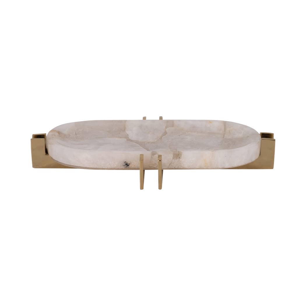 Decorative Tray - White Quartz with Gold Details, 14 in.