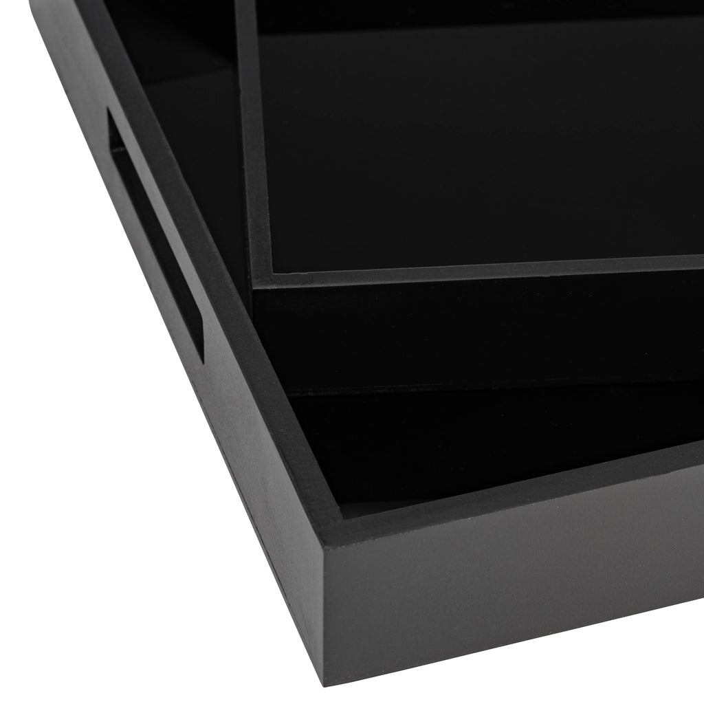 Trays Set of 2 - Black Wood Elegant Side Handles, 14/18 in.